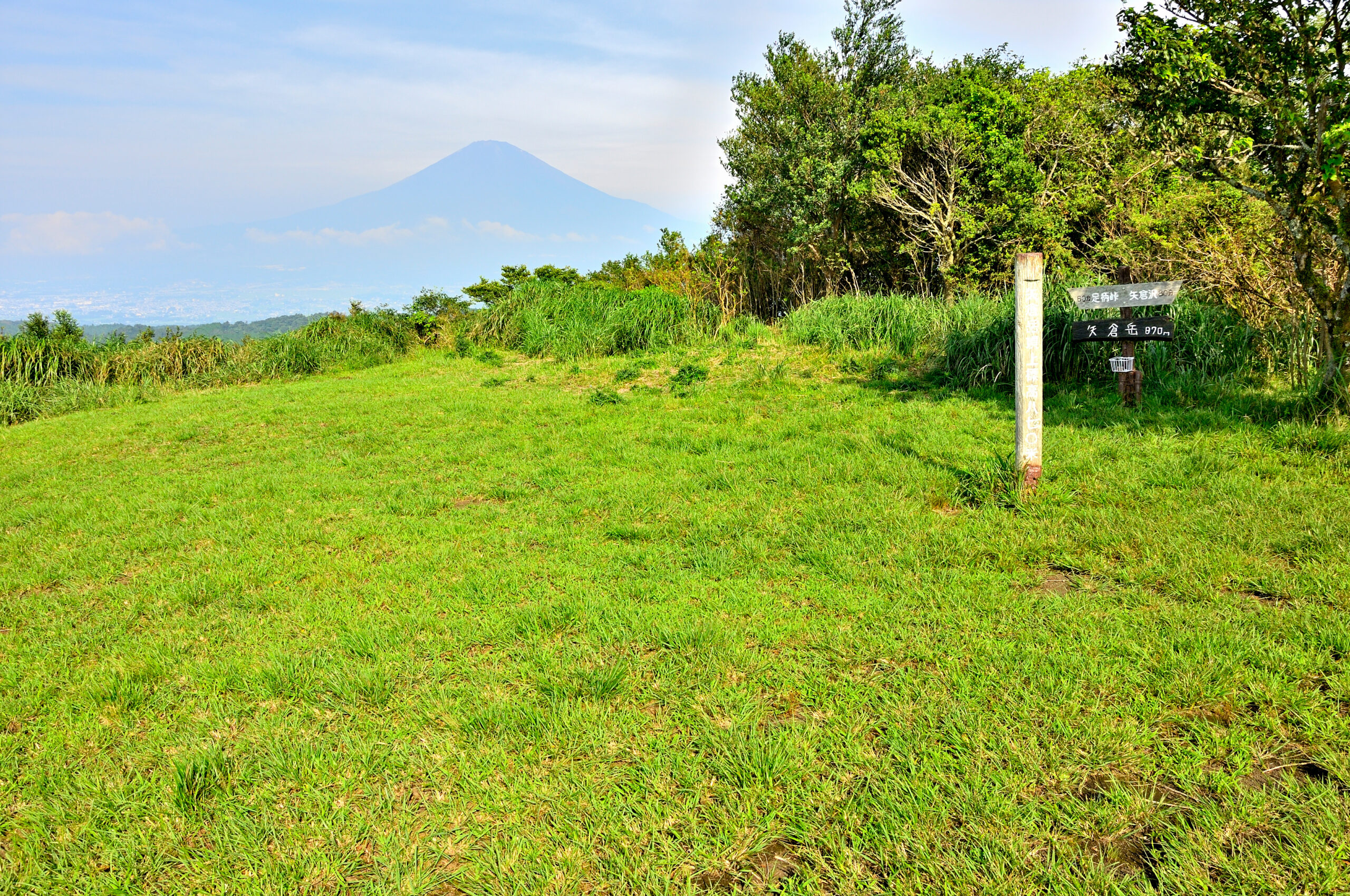 矢倉岳山頂からの富士山パノラマ — 草原状の山頂から遮るもののない絶景