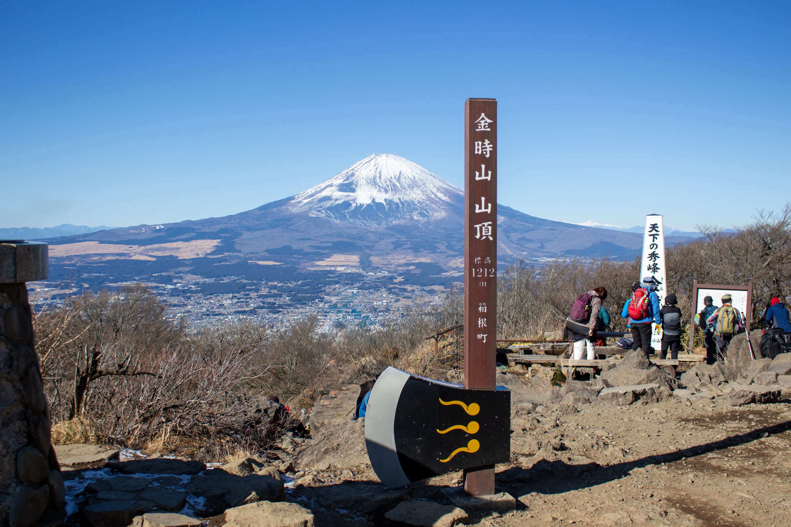 金時山山頂の標柱と冠雪の富士山